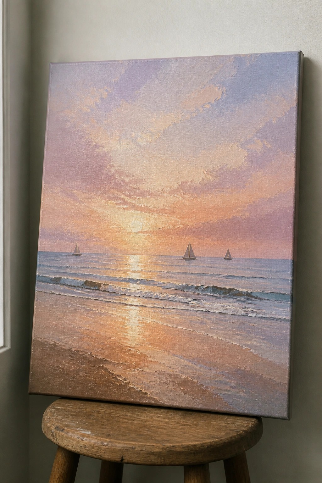 Seascape painting of sunset with sailboats and waves on wooden stool