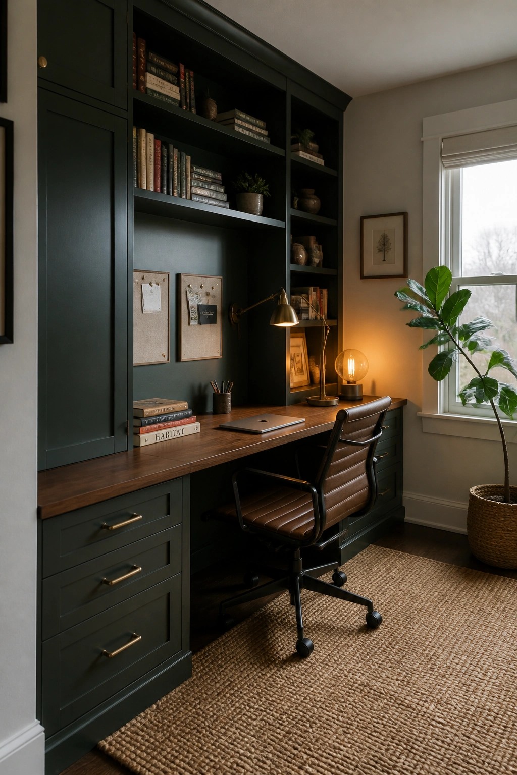 Built-in desk and shelves painted deep green in a home office.