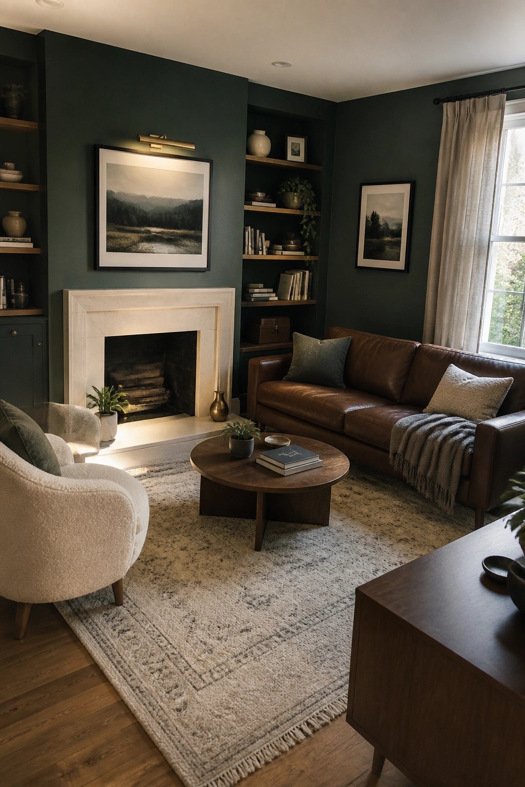 A living room with deep green walls surrounding a white marble fireplace.