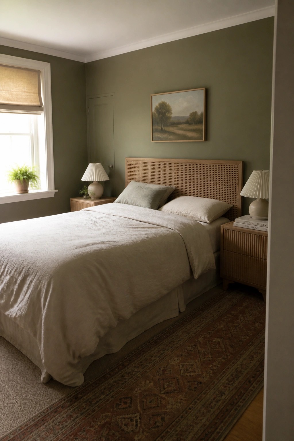 A bedroom with muted green walls and warm wood furniture.