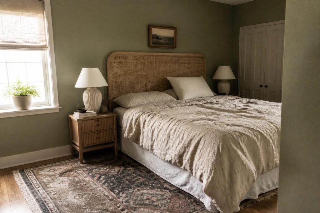 A bedroom with muted green walls and warm wood furniture.