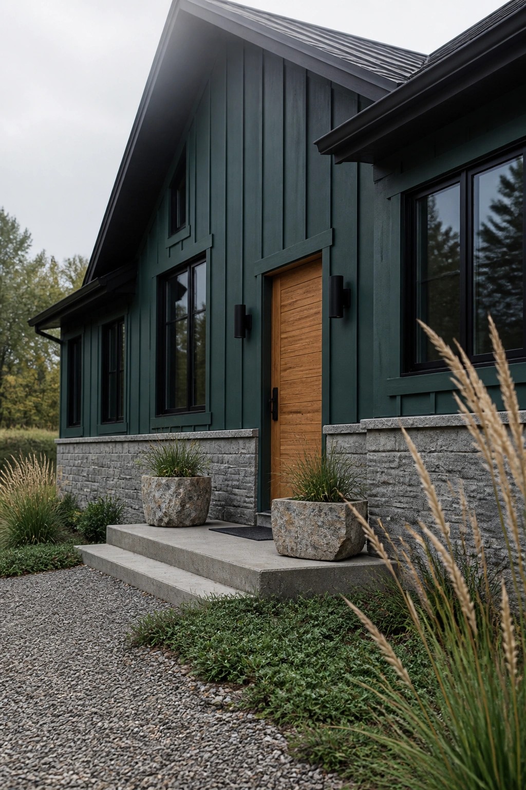 Deep green vertical siding on a house exterior with a stone foundation and wooden front door.