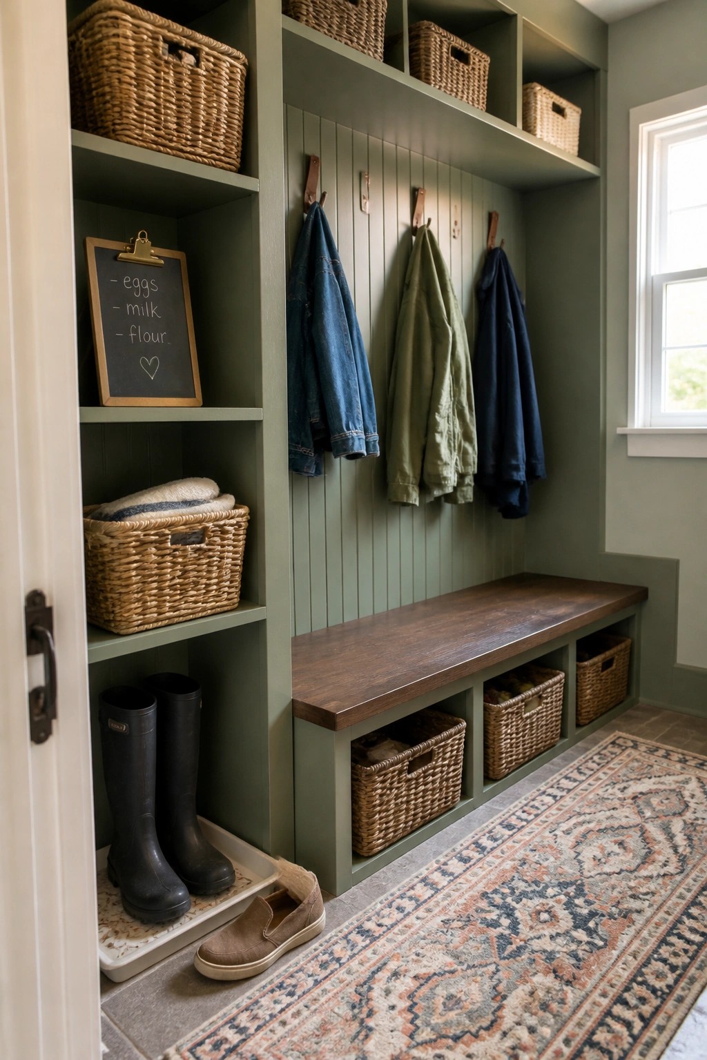 Built-in mudroom storage painted in a muted green with dark wood bench and baskets.