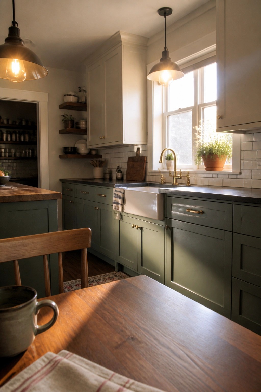 Green painted kitchen cabinets paired with wood counters and a white tile backsplash.