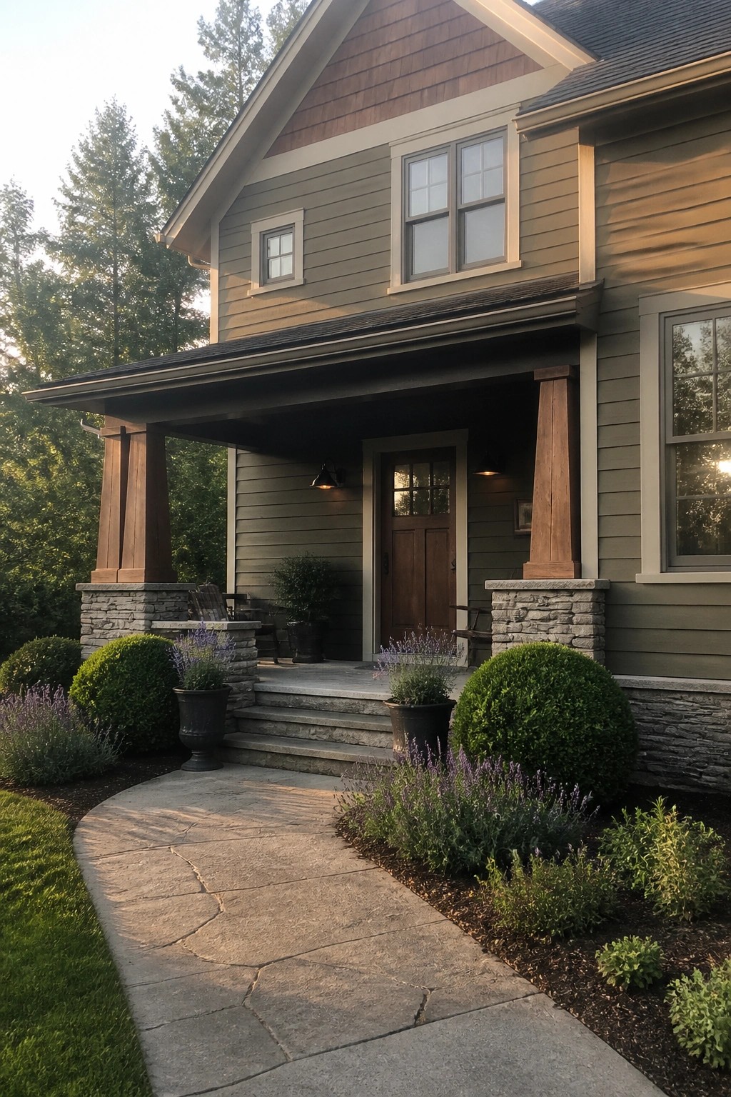 Sage green two-story home with wooden porch, stone pillars, pathway, and purple flowering shrubs.