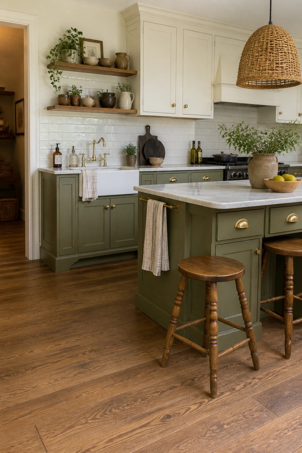Kitchen cabinets painted in a muted earthy green beside white marble counters.