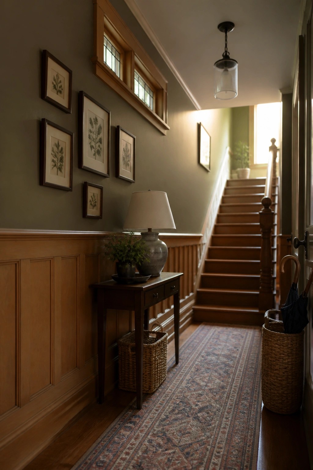 Cozy hallway with wooden staircase, green walls, framed botanical prints, and console table.