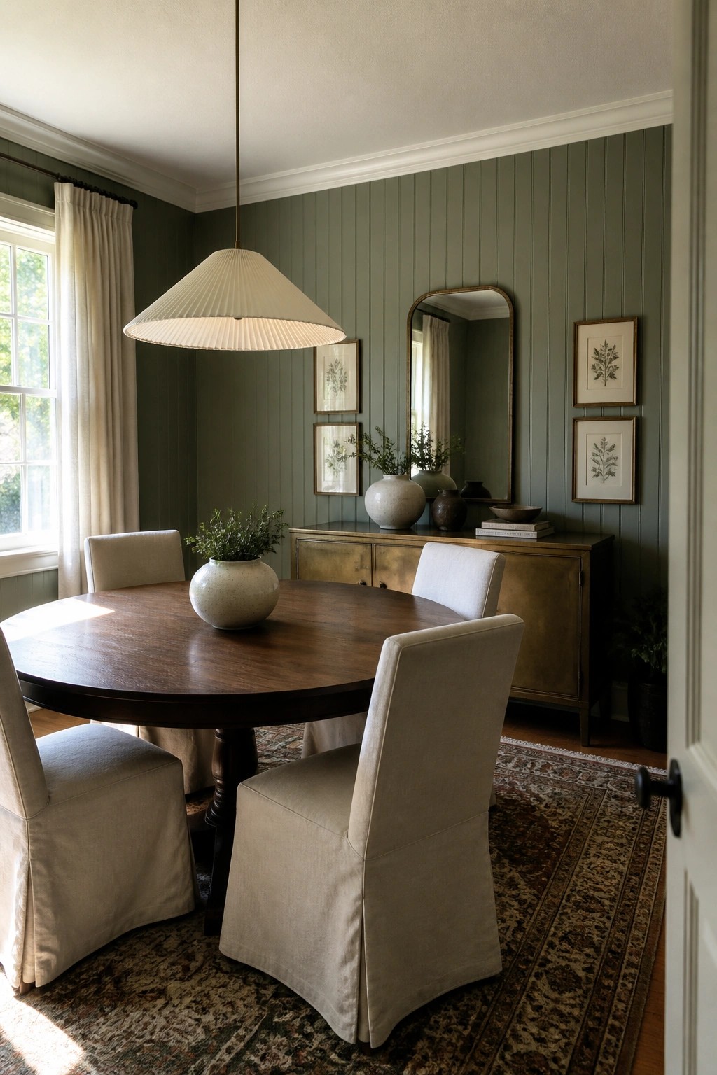 A dining room with muted green beadboard walls and a dark wood table.