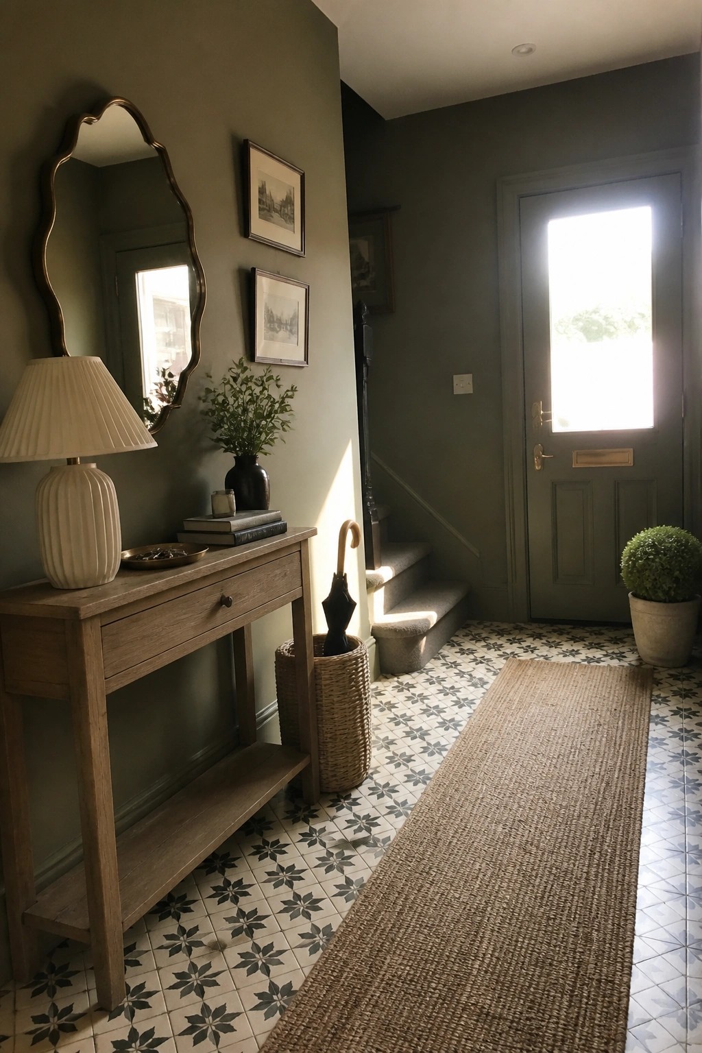 Muted green walls in a traditional entryway with wood console and patterned tile floor.