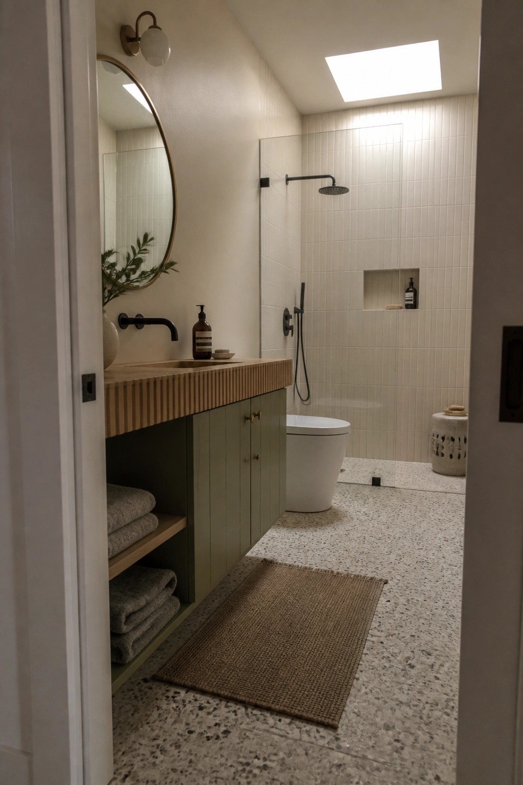 Modern bathroom with green vanity, round mirror, white toilet, and tiled shower.