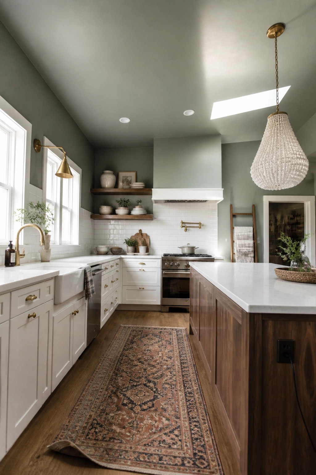 Farmhouse kitchen with white cabinets, wood island, green walls, and beaded pendant light.