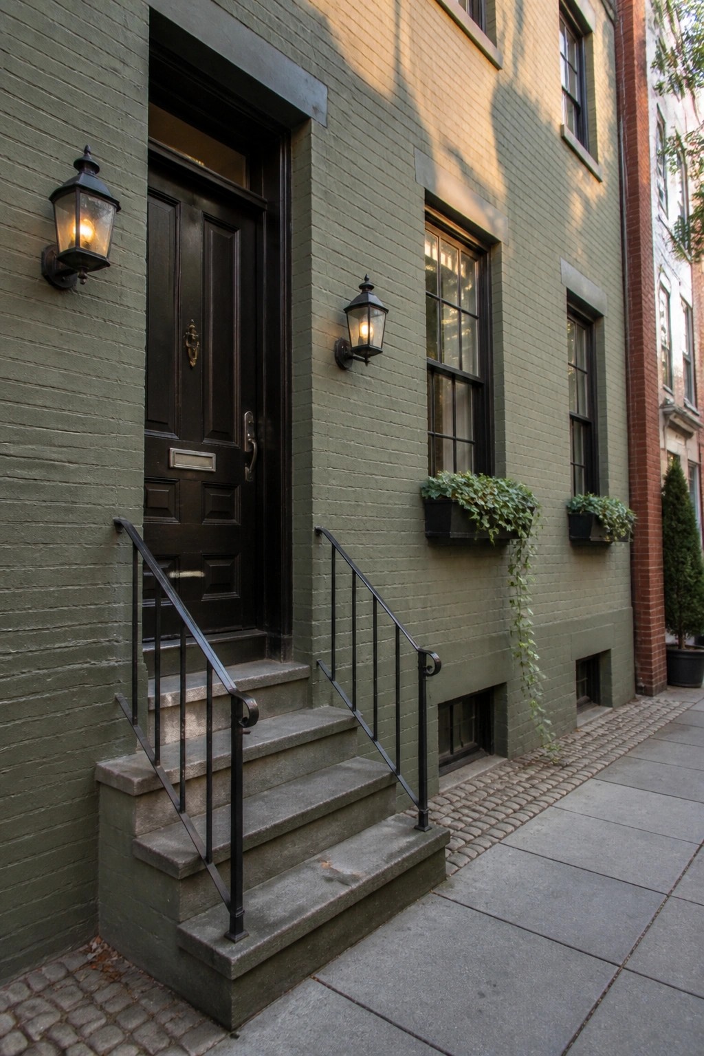 Green brick building entrance with dark door, stone steps, and lit lanterns.