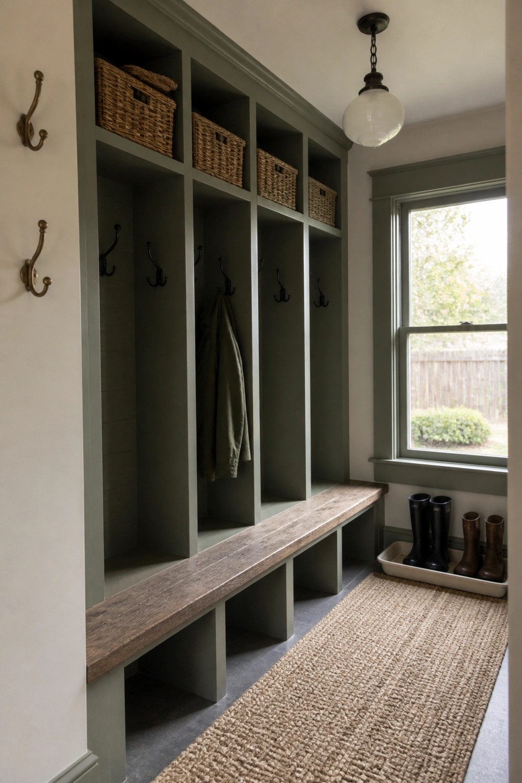 Built-in cubbies and bench painted in a muted sage green with a wood seat and woven baskets.