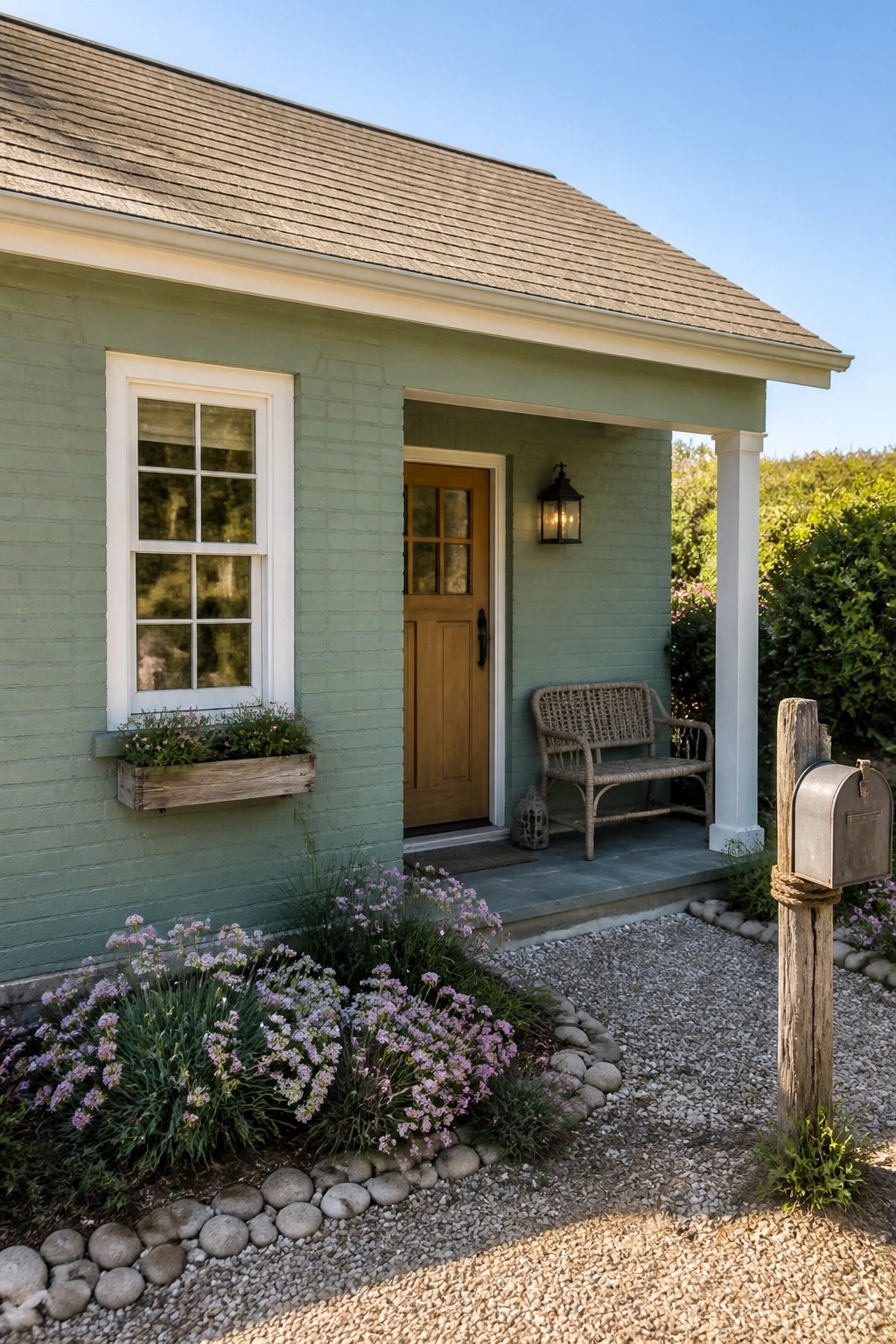 Green cottage porch with wooden door, wicker bench, flower box, and mailbox post