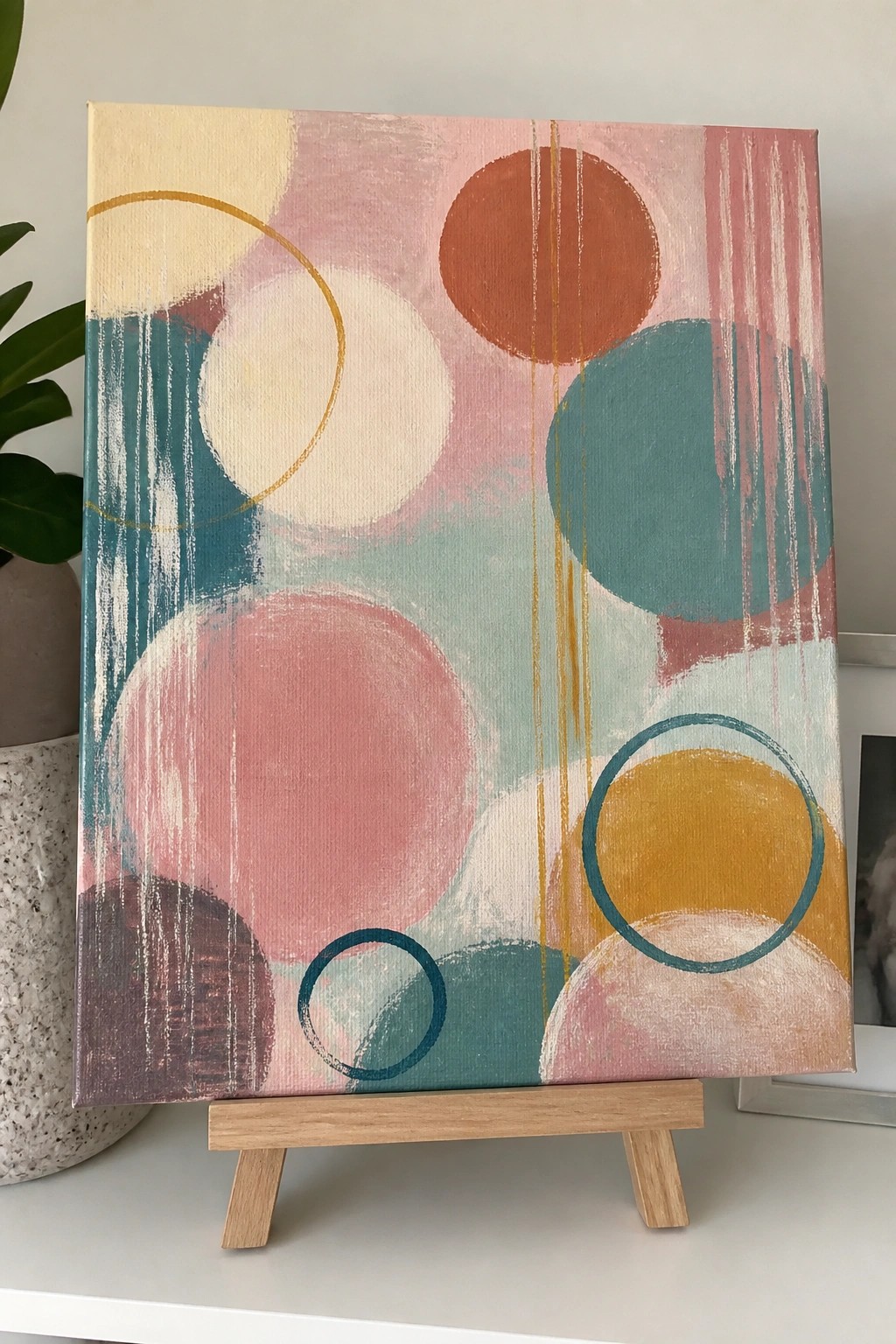 Abstract painting with overlapping pink, teal, orange, and yellow circles on wooden easel