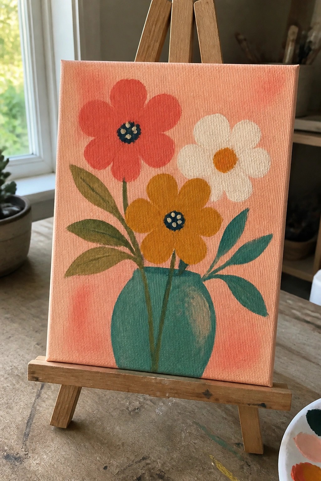 Colorful flowers in teal vase on peach background, displayed on wooden easel