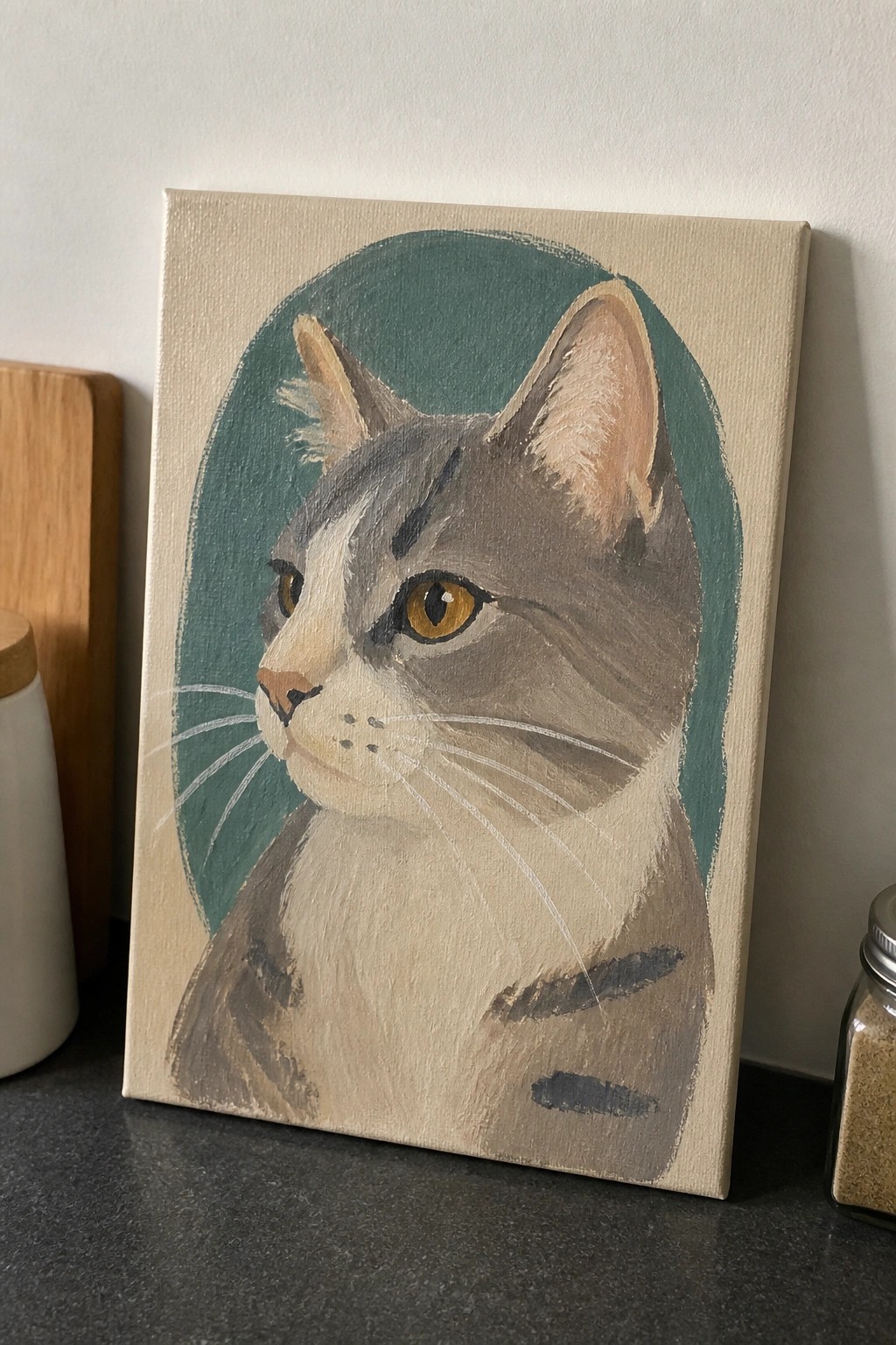 Acrylic painting of a gray cat with yellow eyes on beige canvas