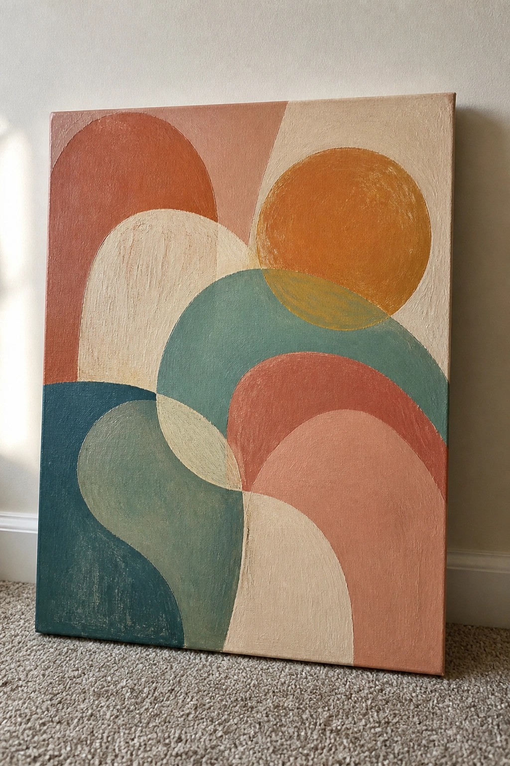 Abstract canvas painting with overlapping circles in terracotta, teal, orange, and beige tones