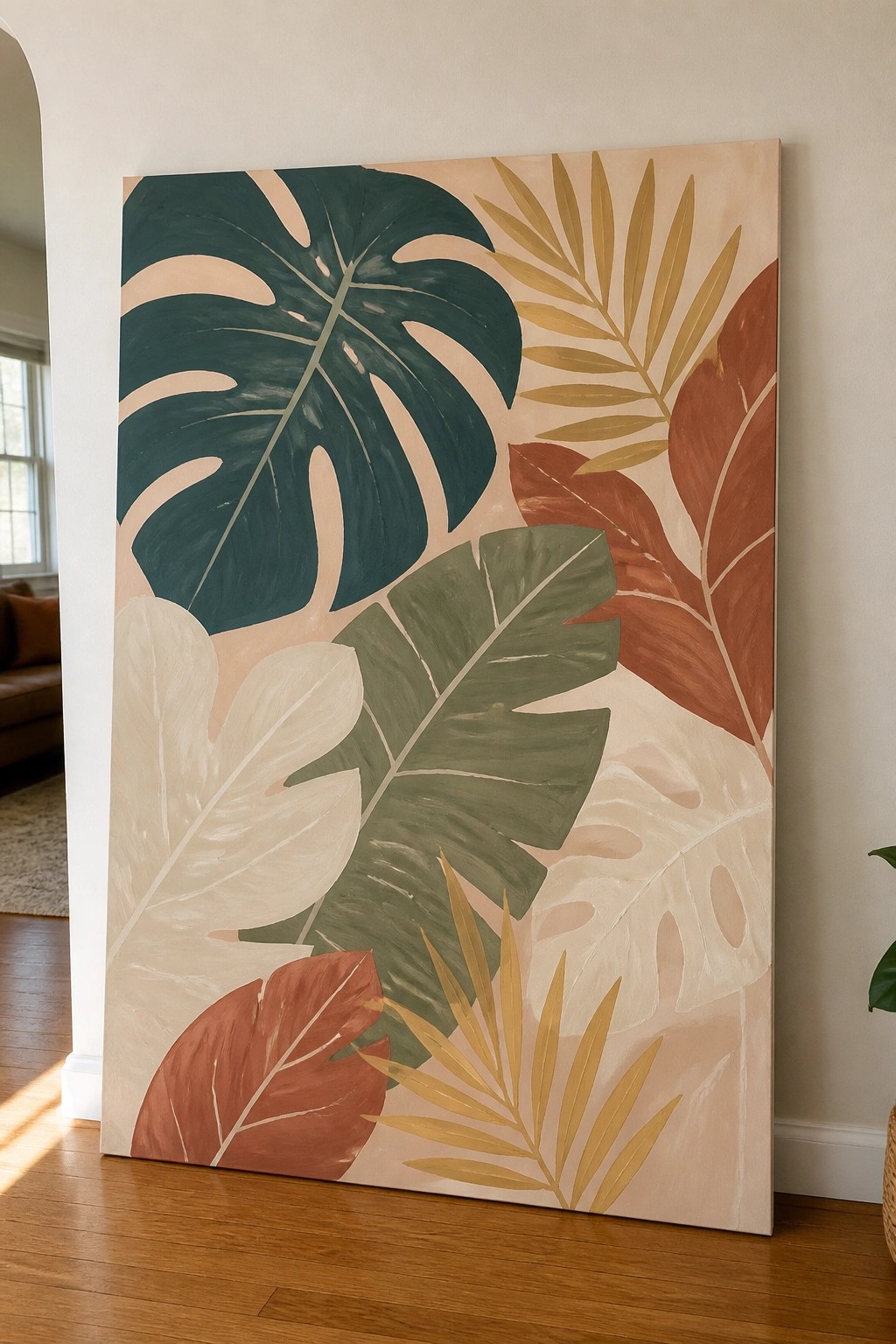 Large abstract canvas with tropical leaves in teal, rust, gold, and beige tones