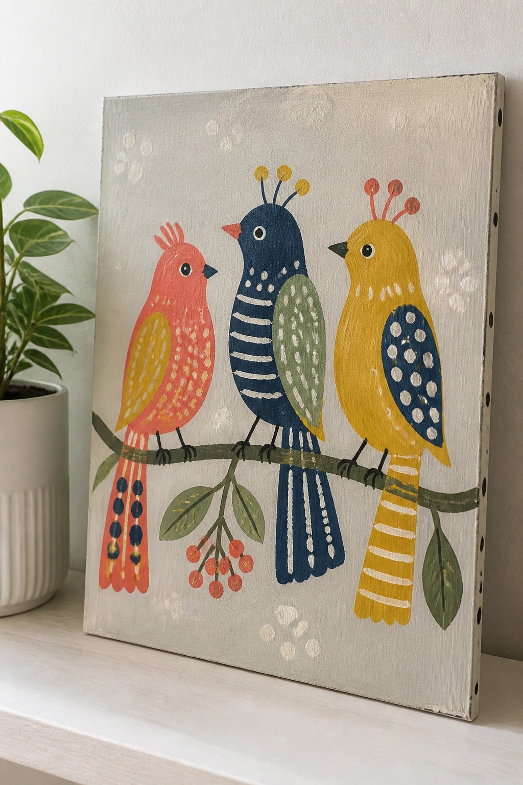 Three colorful folk-art birds perched on a leafy branch with berries.