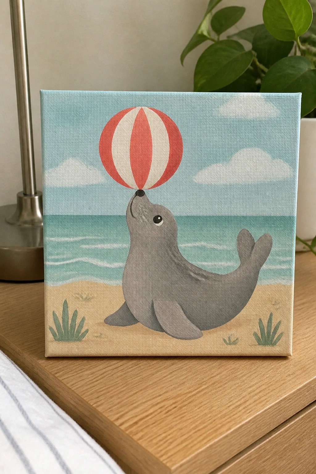 Gray seal balancing red and white striped ball on sandy beach painting