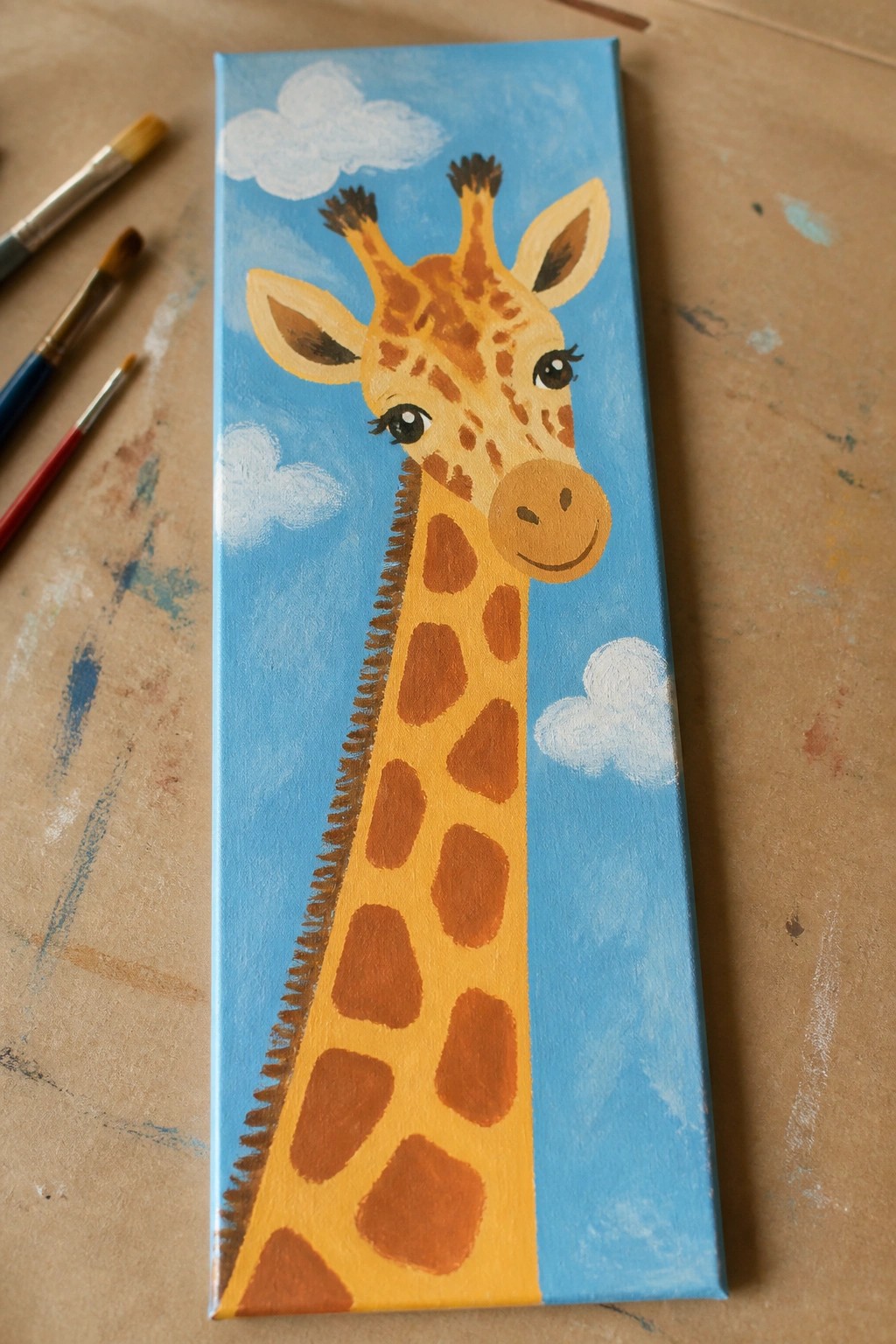 Giraffe painting on canvas with blue sky, clouds, and paintbrushes on brown surface.