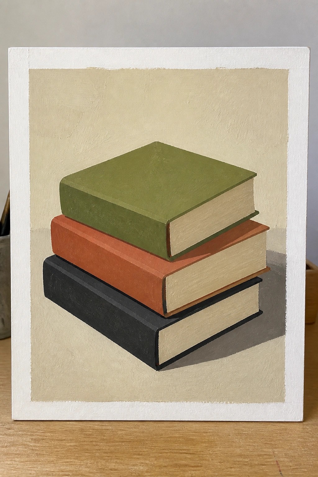 An oil painting of three stacked books in green, orange, and black against a plain beige background.