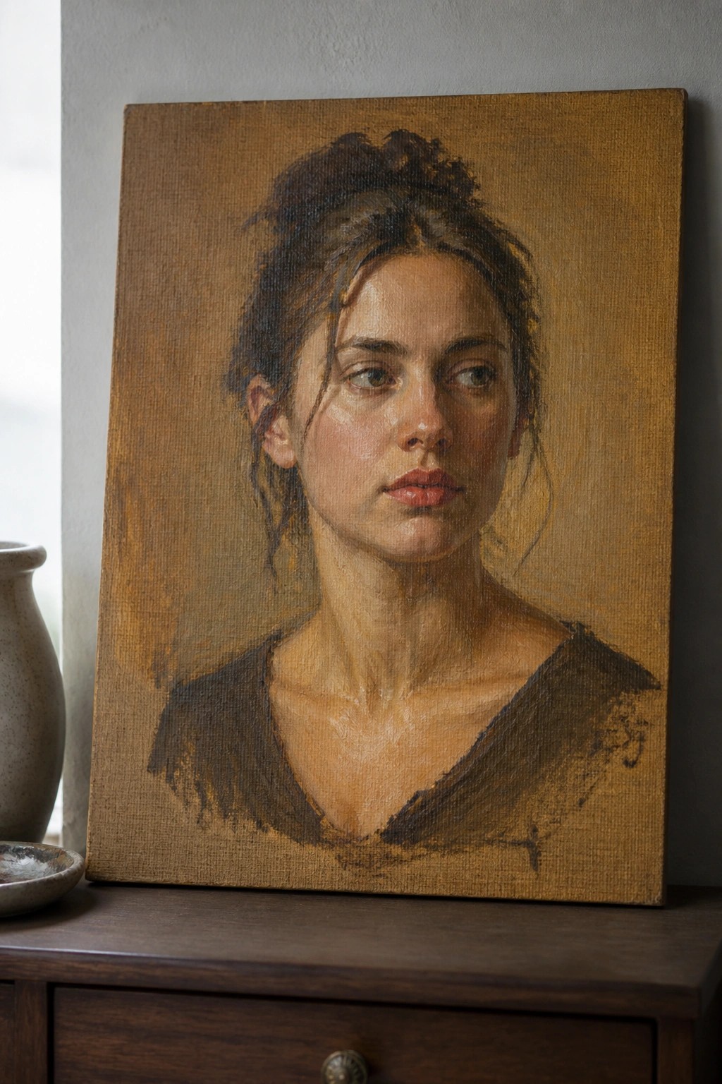 Oil portrait of a woman on canvas beside a ceramic vase on wood.