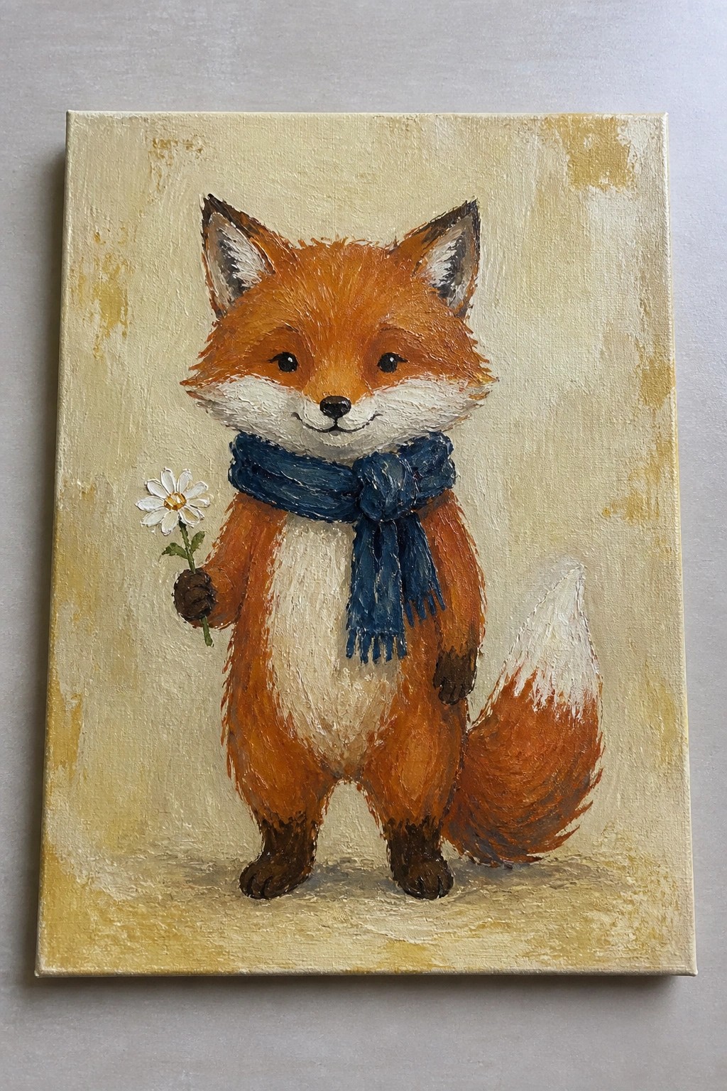 Orange fox in blue scarf holds white daisy, textured canvas painting.