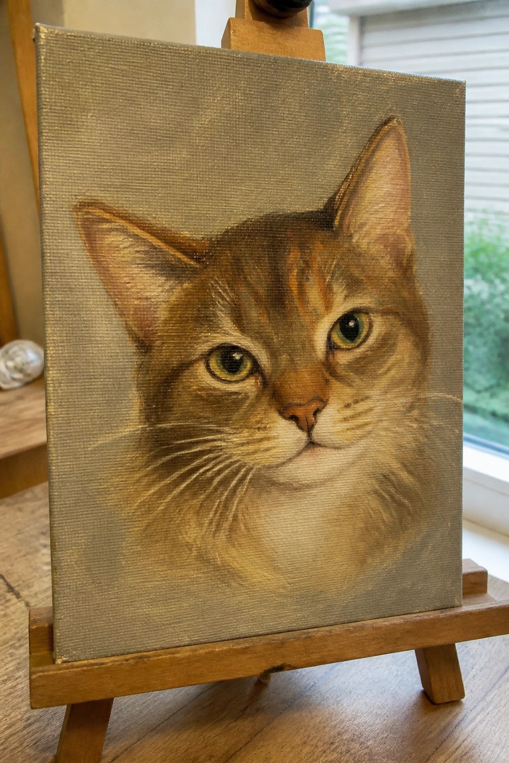 Realistic painting of brown tabby cat with green eyes on wooden easel