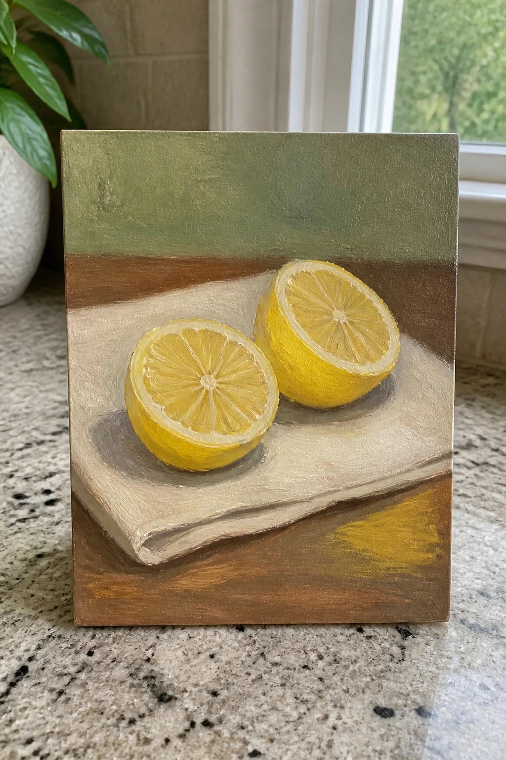 Two yellow lemon halves on white cloth in still life painting with green brown background