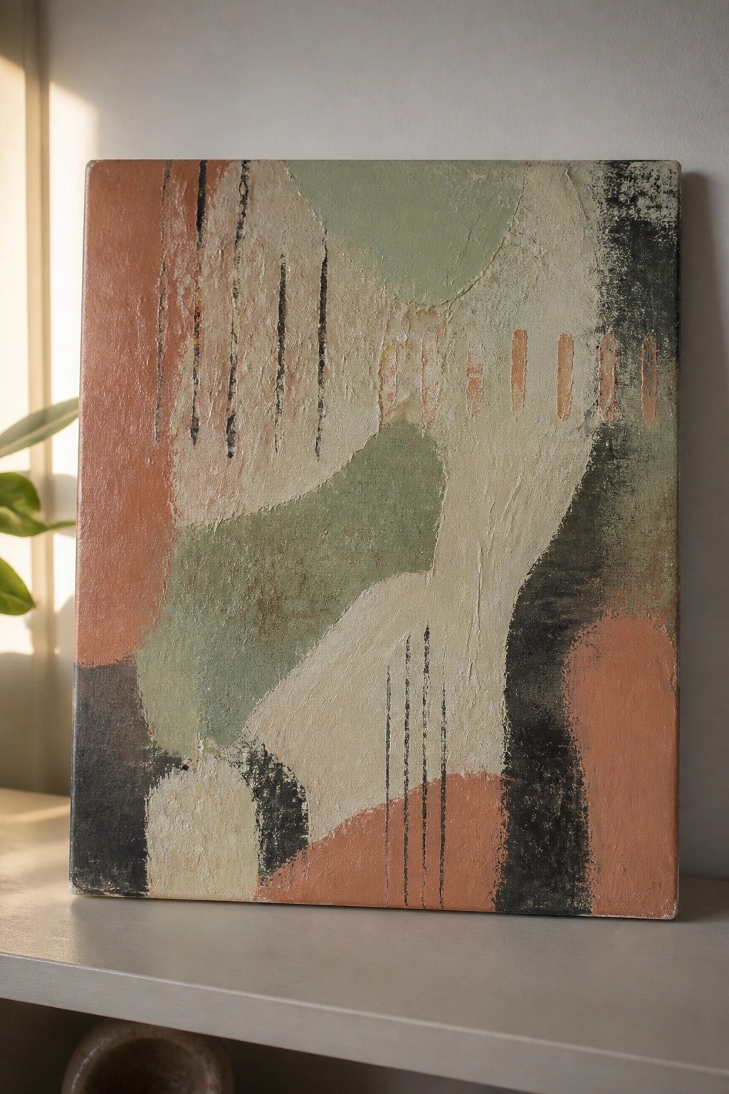 Abstract textured painting in earthy terracotta, sage green, beige, and black tones on ledge.