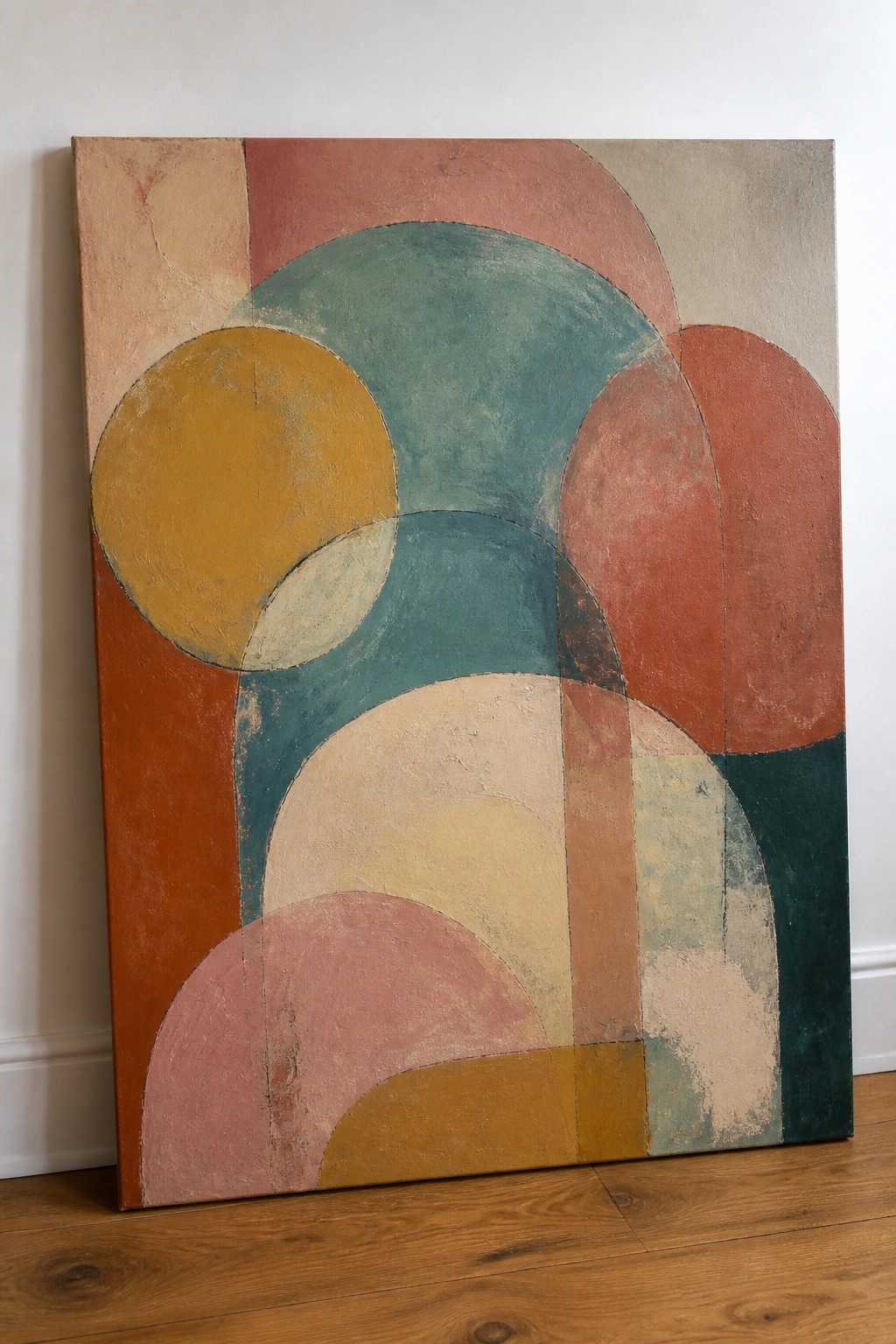 Abstract painting with overlapping circles in earthy orange, teal, and pink tones on floor.