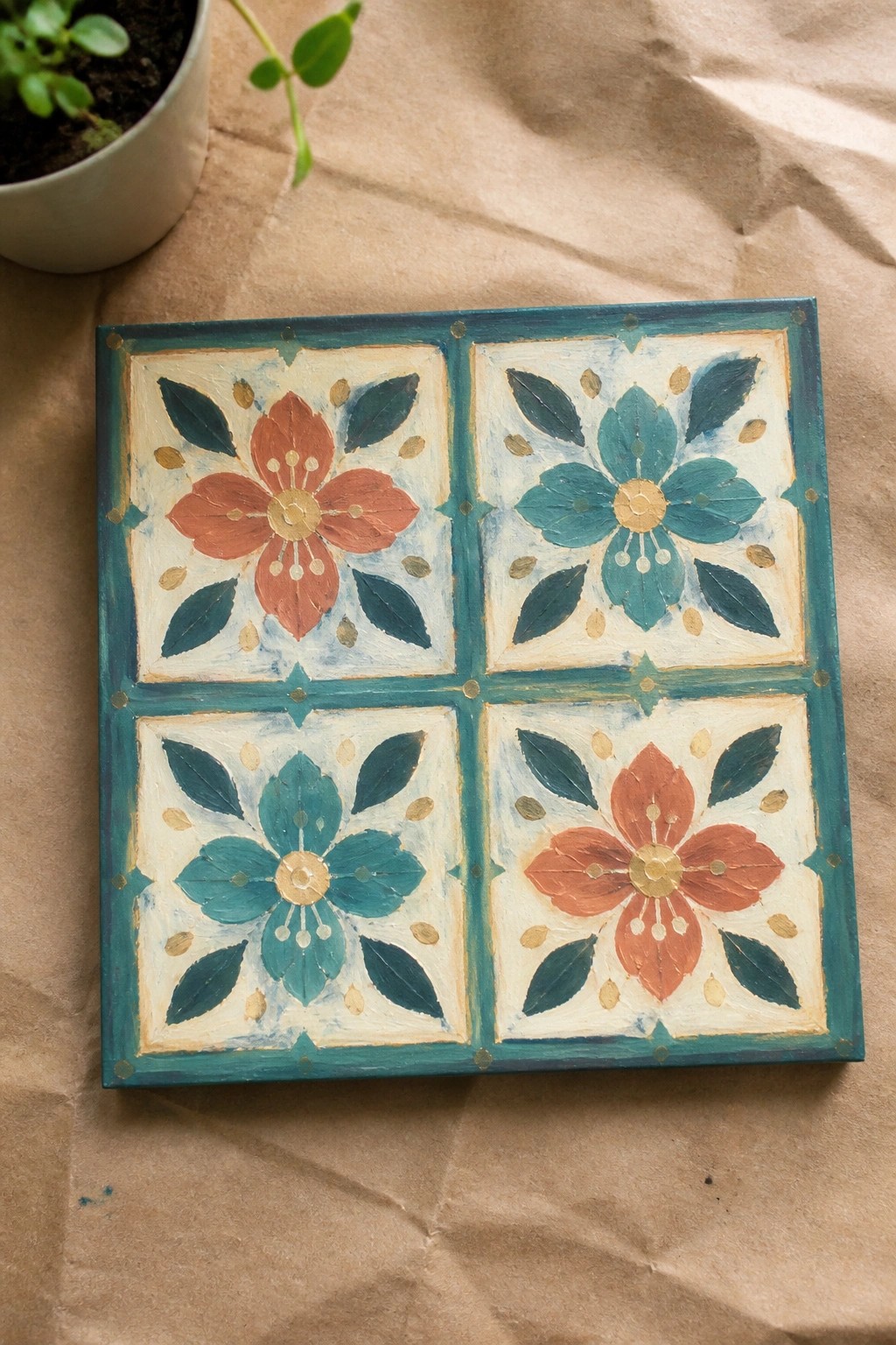 Square tile with four floral designs alternating orange and teal flowers on cream.