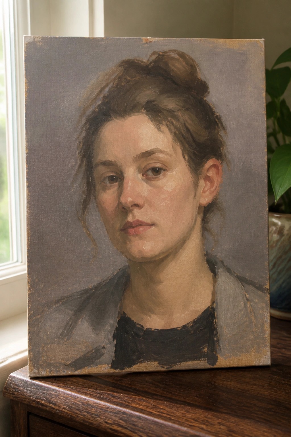 Oil portrait of woman with brown hair in bun on canvas atop wooden table by window