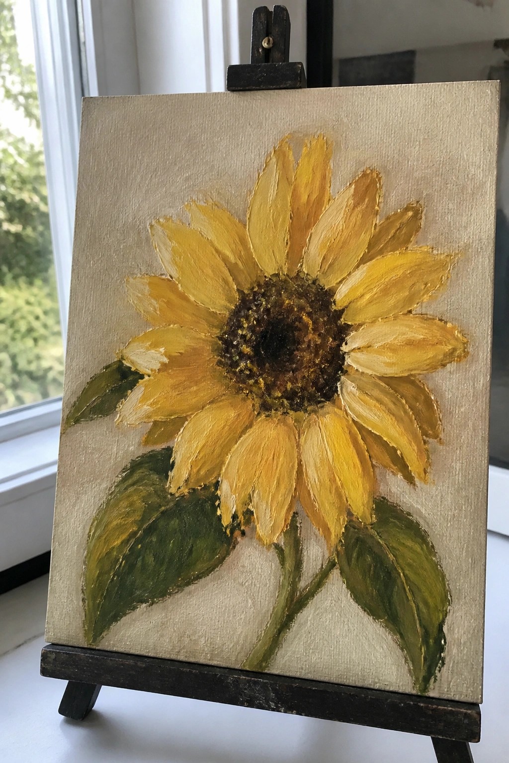 Yellow sunflower painting with green leaves on wooden easel by window