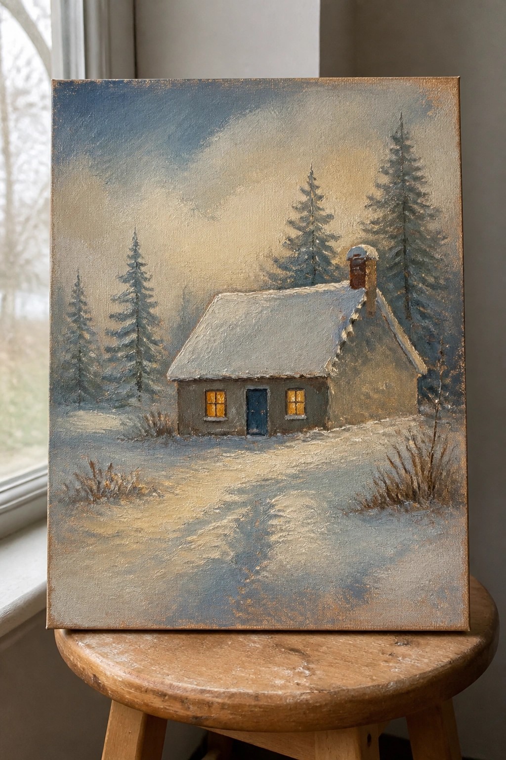 A realistic oil painting of a small gray house with a snow-covered roof, glowing windows, and a blue door, set in a snowy landscape with pine trees.