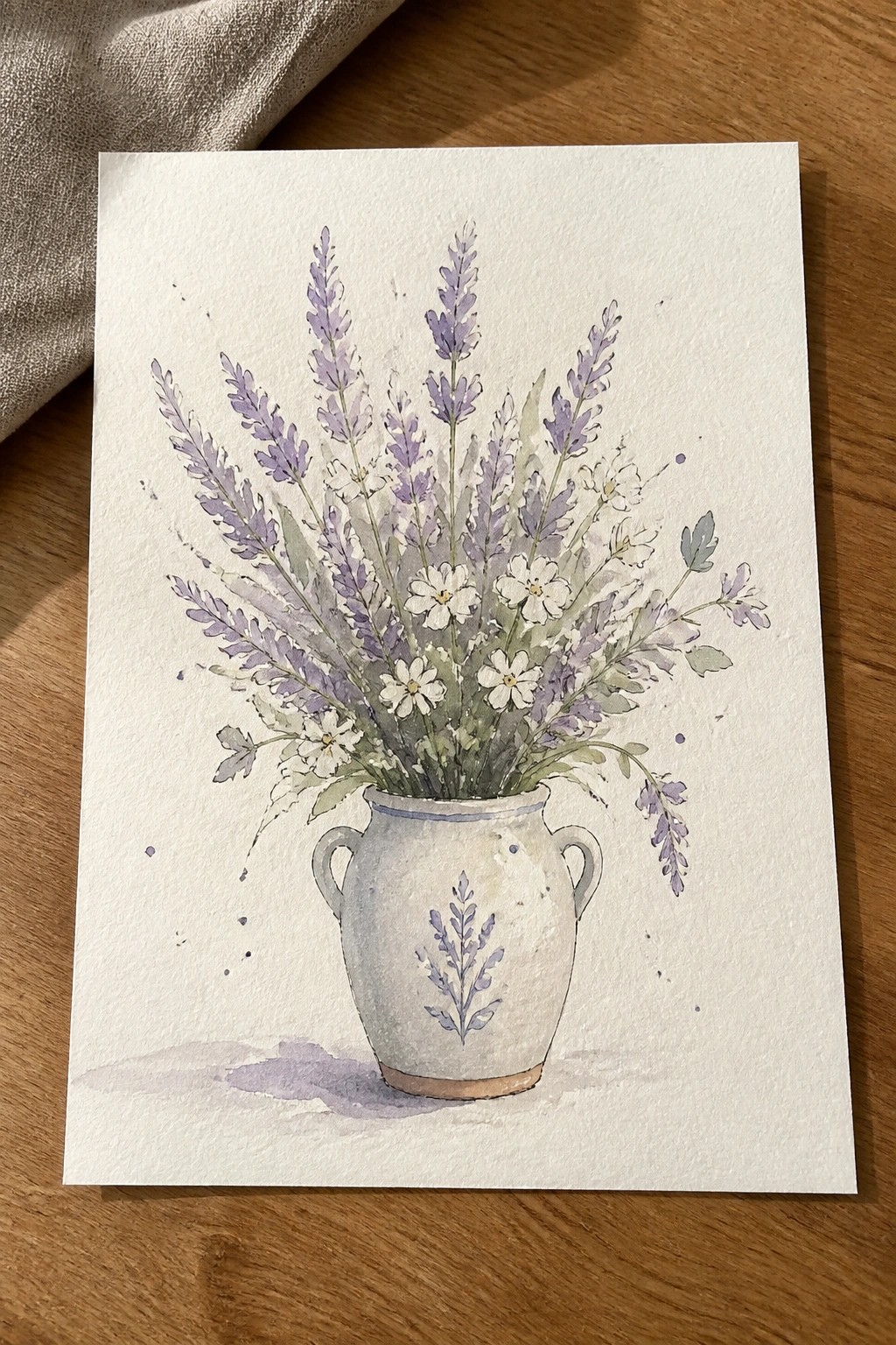 Watercolor of lavender and white daisies in a white two-handled vase on wood