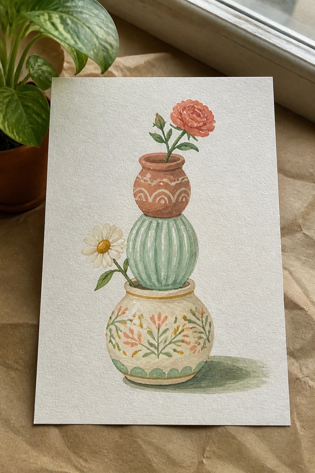 Watercolor of stacked vases with pink rose and white daisy on paper