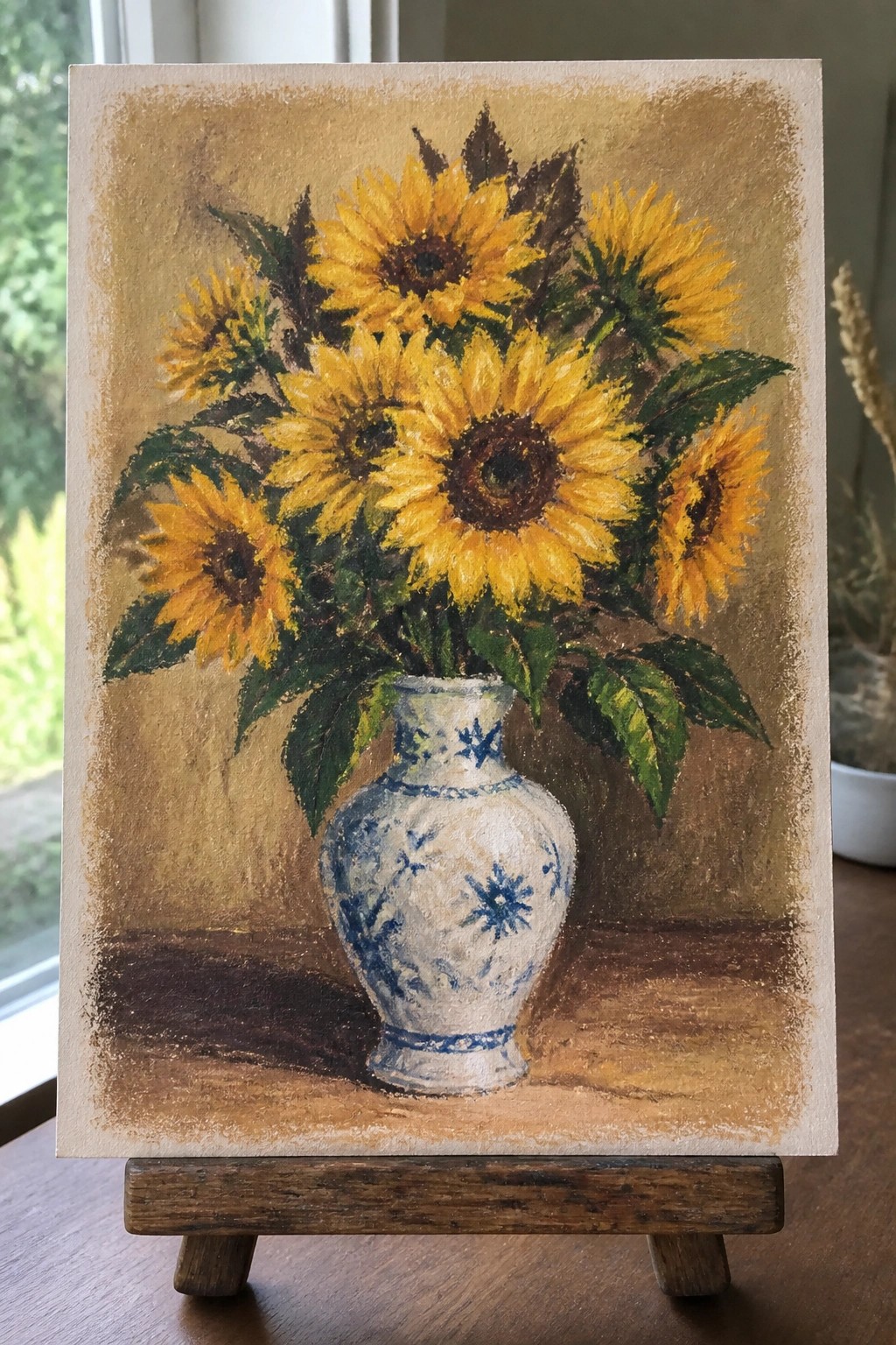 Yellow sunflowers in a blue-patterned white vase on a wooden table.