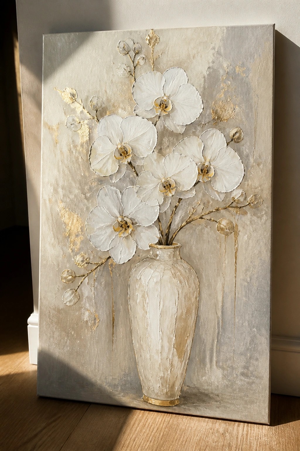 Textured painting of white orchids in a gold-accented vase on neutral background