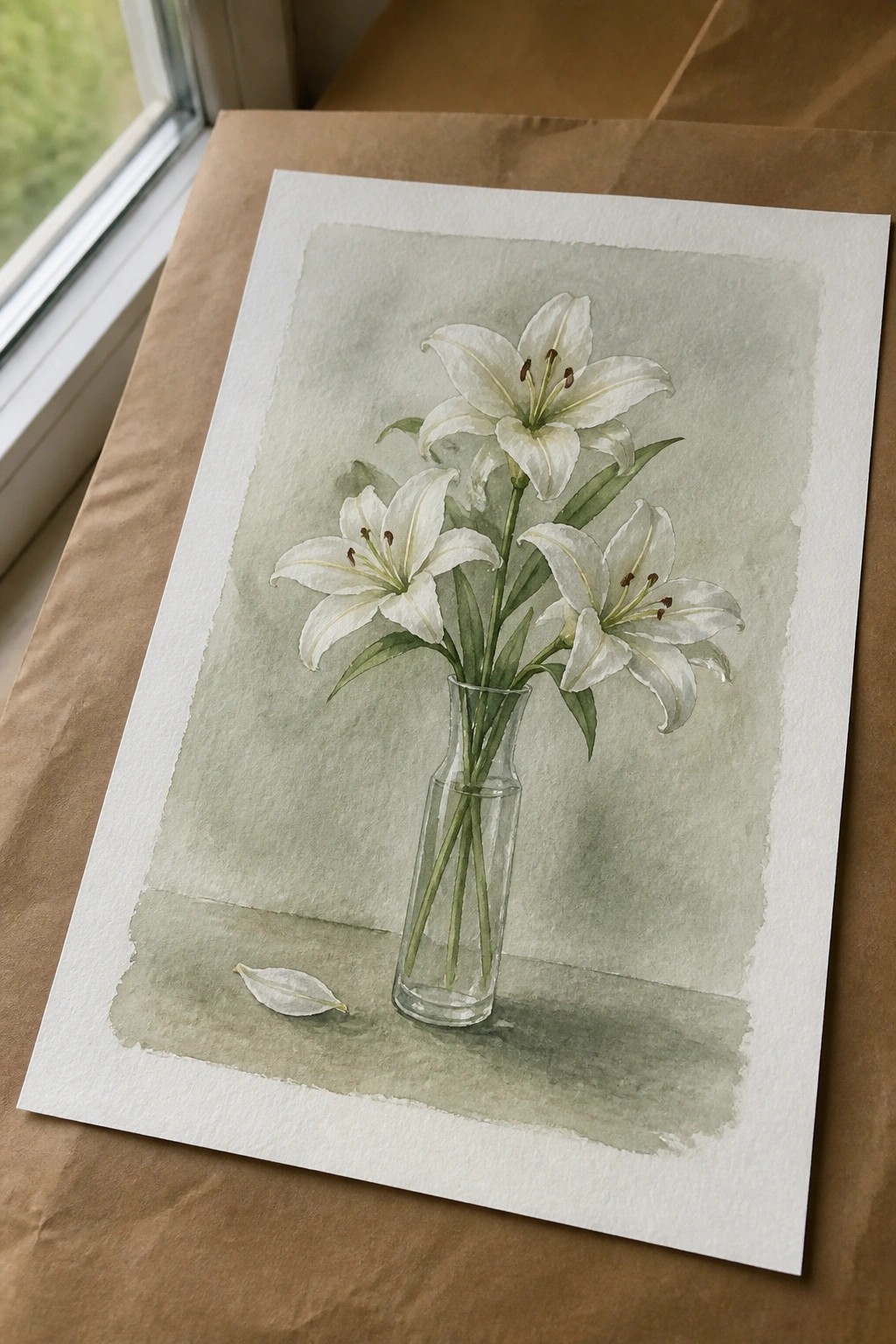 Watercolor of white lilies in a glass vase with a fallen petal on green surface