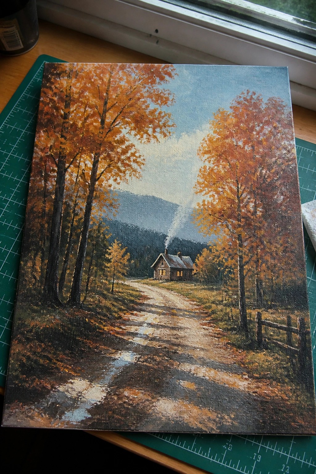 Realistic painting of autumn path with orange trees leading to smoky cabin.