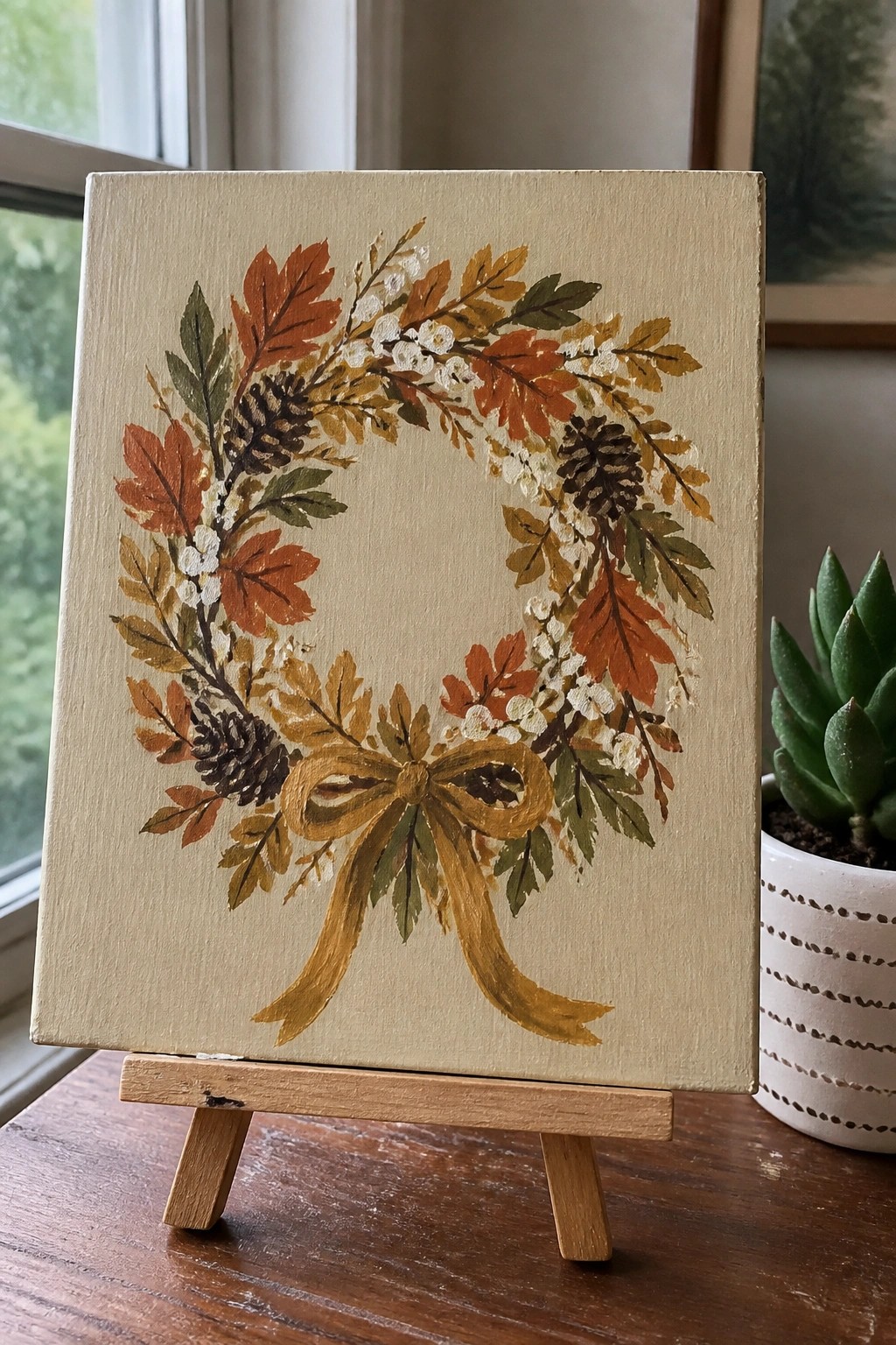 Autumn wreath painting on canvas with leaves, pinecones, berries, and yellow bow