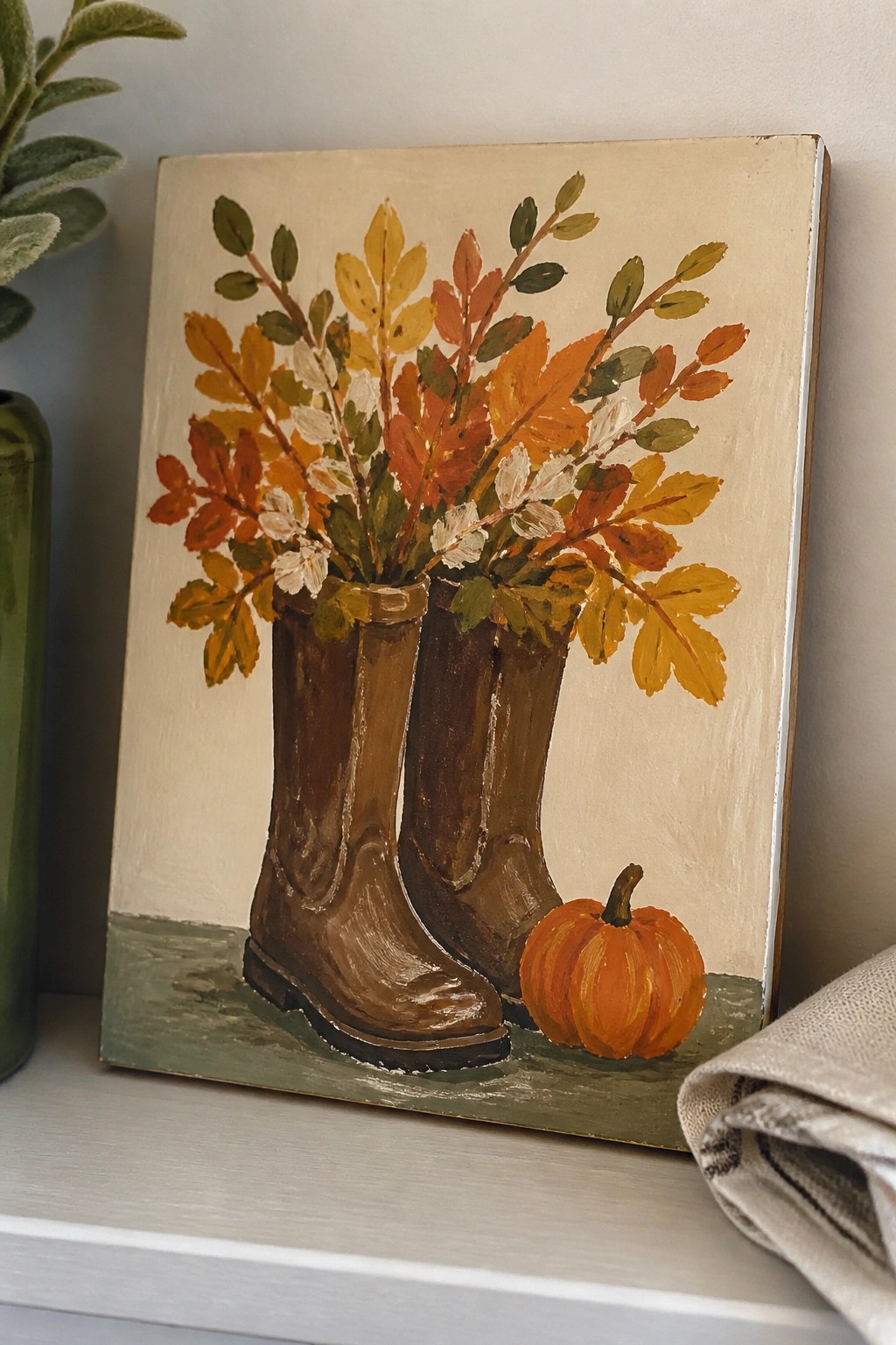 Canvas painting of brown boots with colorful autumn leaves and an orange pumpkin
