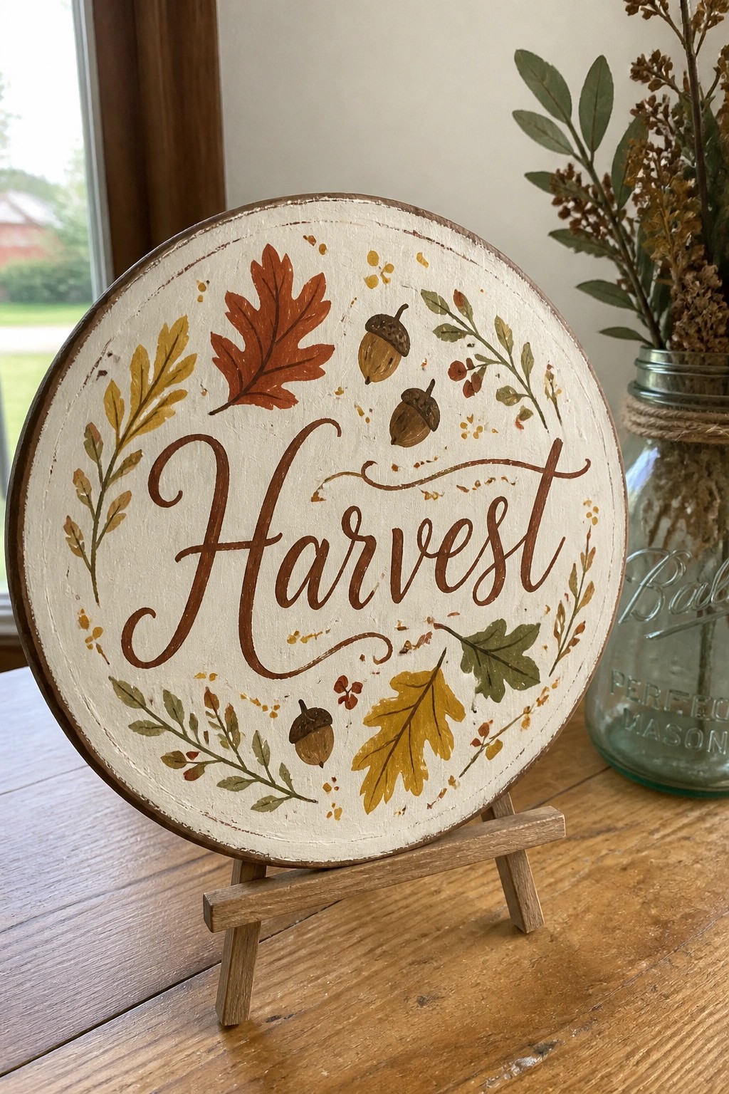 Circular distressed sign reading Harvest with fall leaves and acorns on wooden easel