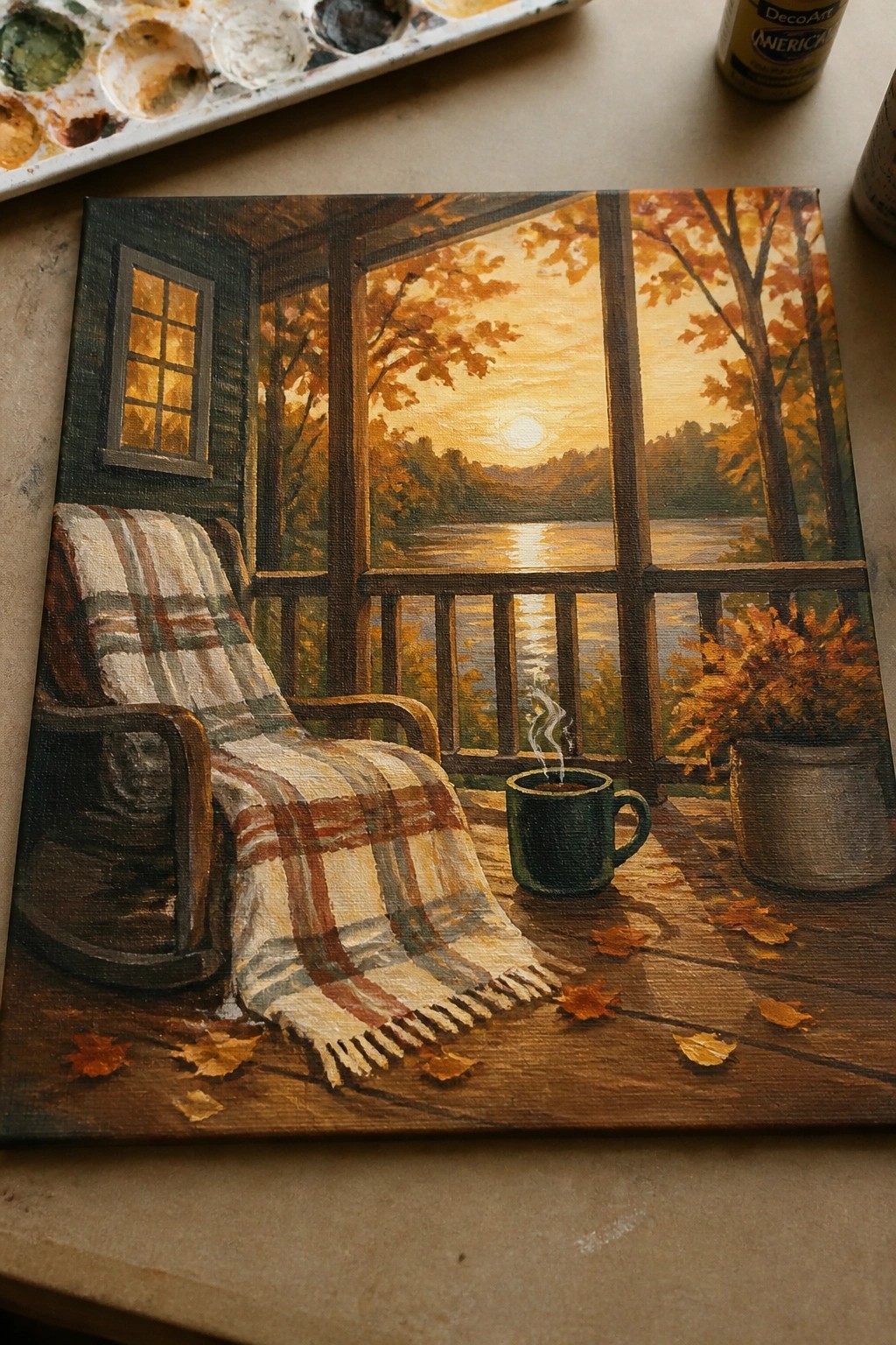 Rocking chair with plaid blanket beside steaming green mug on autumn lakeside porch at sunset