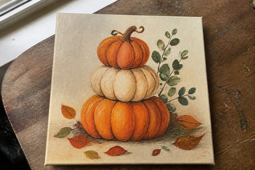 Stacked orange and white pumpkins with green leaves on canvas