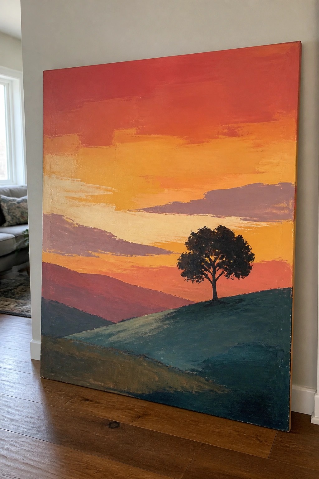 Vibrant abstract sunset painting with lone tree on colorful rolling hills.