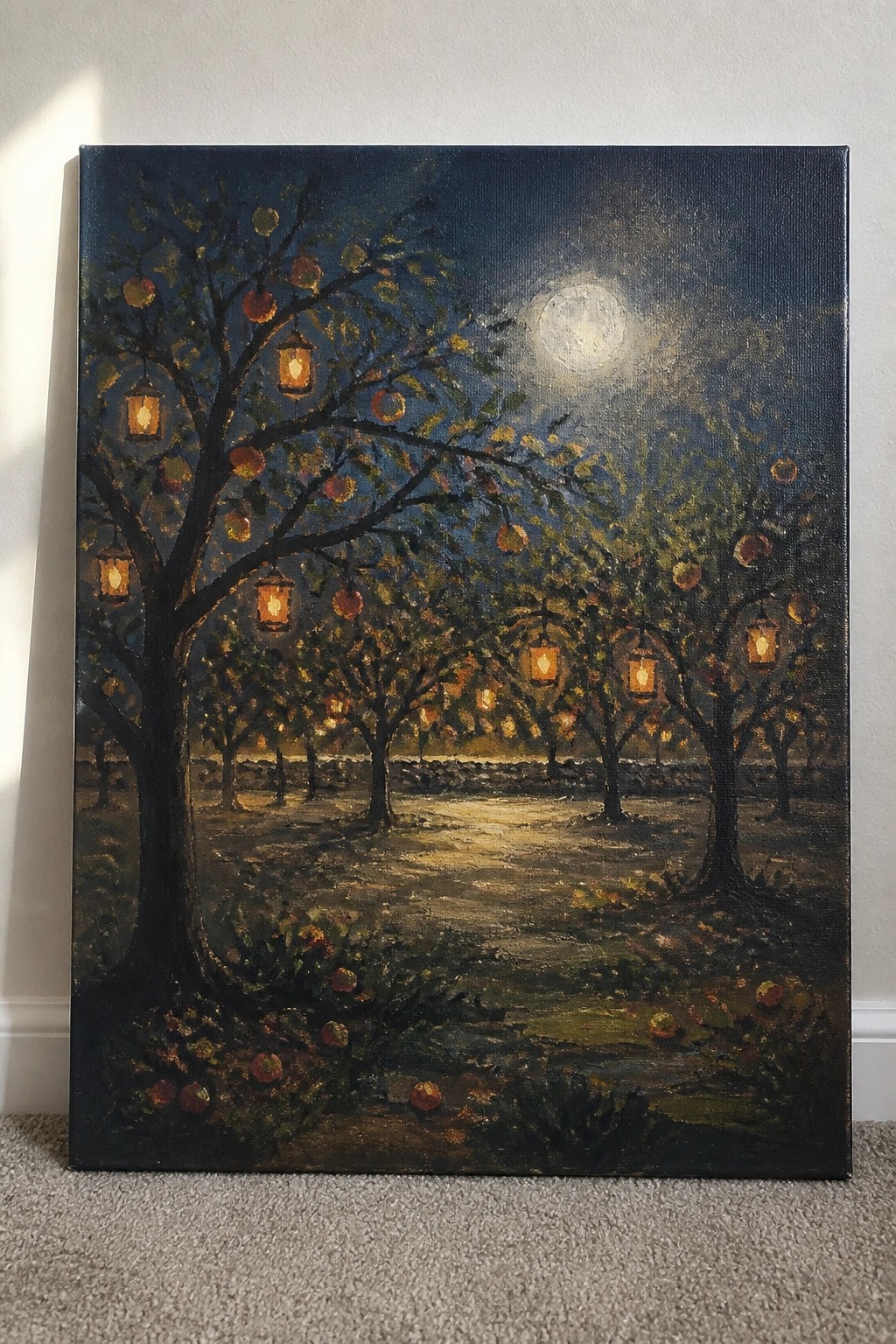 Moonlit apple orchard painting with glowing lanterns hanging from trees and fallen fruit.
